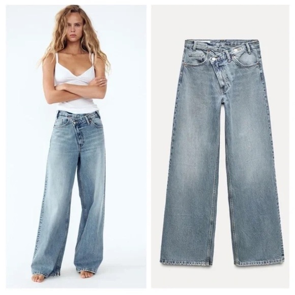 NWT ZARA WOMAN HIGH-WAIST TRF WIDE-LEG JEANS CROSSOVER WAISTBAND BLUE - Picture 1 of 6